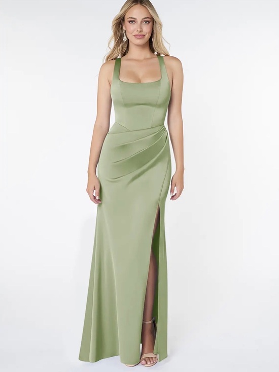 Azazie Dresses & Skirts - Azazie Sage green , Satin Square-Neck Green Evening Gown